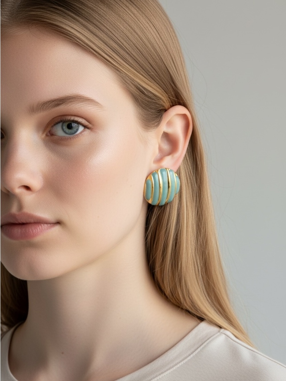 10/10 Gold-Trimmed Aqua Dome Clip-On Earrings
